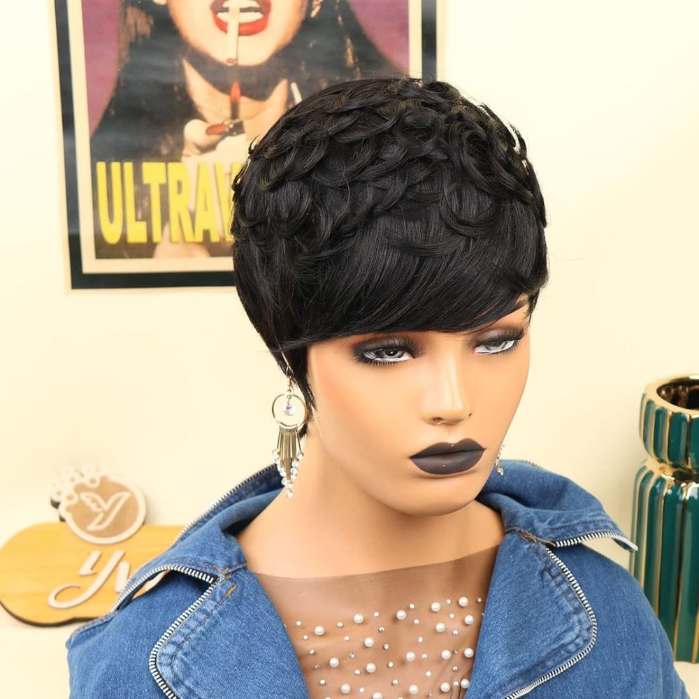 4 Inch Black Curly Pixie Human Hair Wig